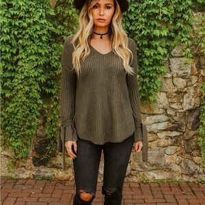 REV REVELATION Army Green Rib Knit Tie-Sleeve Sweater, S